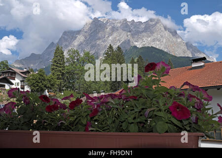 Zugspitzmassiv von Ehrwald aus gesehen, österreichische Alpen, Österreich. Stockfoto