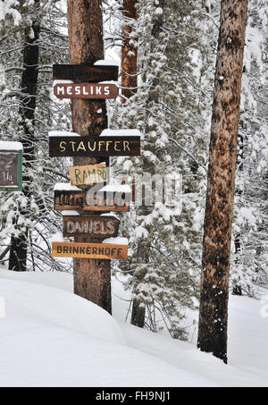 Rambo-Schild am Baum mit anderen Namen geschrieben wird nach Neuschnee angesehen. Stockfoto