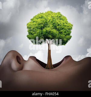 Ihr Wortschatz-Konzept und Sprachtherapie-Symbol wachsen als menschliche offenen Mund mit ein Baum wächst wie eine Zunge als Metapher für Sprache Grammatik und Stimme Wachstum. Stockfoto