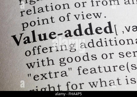Gefälschte Wörterbuch, Wörterbuch-Definition von Value-Added. Stockfoto