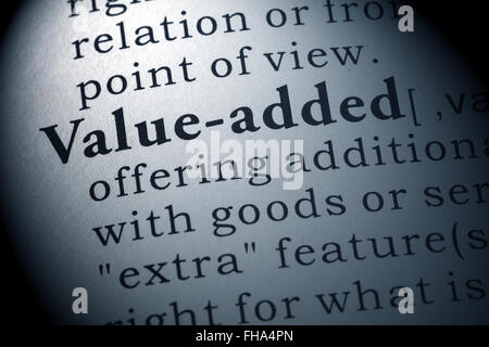 Gefälschte Wörterbuch, Wörterbuch-Definition von Value-Added. Stockfoto