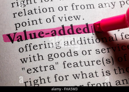 Gefälschte Wörterbuch, Wörterbuch-Definition von Value-Added. Stockfoto