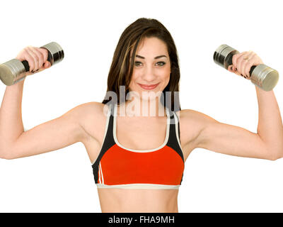 Attraktive Fit Gesunde junge Frau trainieren Gewichtheben gegen einen weißen Hintergrund Sport Kleidung tragen Stockfoto