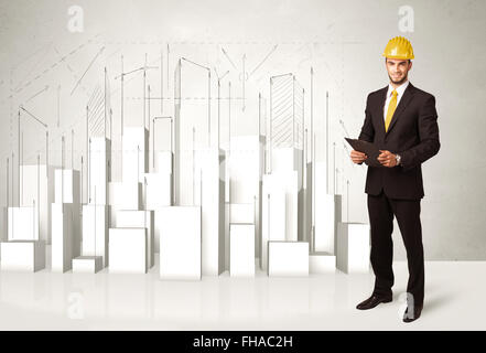 Bauarbeiter Hobeln mit 3D-Gebäuden im Hintergrund Stockfoto