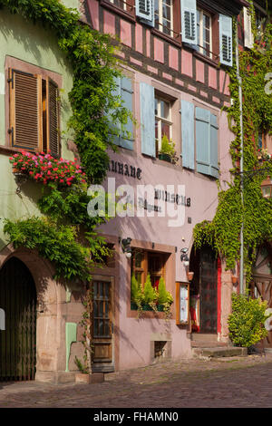 Gebäude entlang der Hauptstraße in Riquewihr, Elsass, Frankreich Stockfoto
