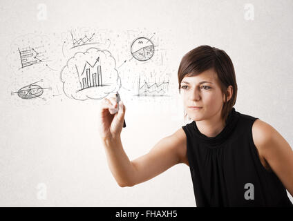 Junge Dame skizzieren finanzielle Diagramm Icons und Symbole Stockfoto