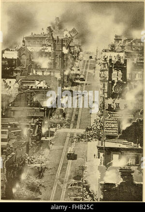 Eine detaillierte Darstellung des verheerenden Erdbebens und Brands von San Francisco im Jahr 1906, mit zusätzlichen Einblicken in Vulkanausbrüche, einschließlich des Vesuvs, und die geologischen Ursachen hinter solchen Katastrophen. Stockfoto