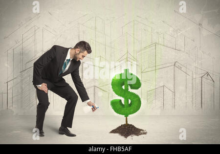 Business Mann poring Wasser auf Dollar Baum anmelden Stadt Hintergrund Stockfoto