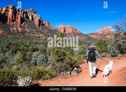 Wanderer und Hund am Soldier Pass Trail in Sedona Stockfoto