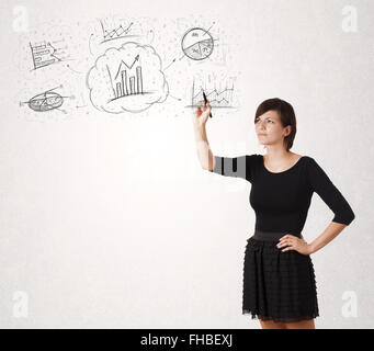 Junge Dame skizzieren finanzielle Diagramm Icons und Symbole Stockfoto