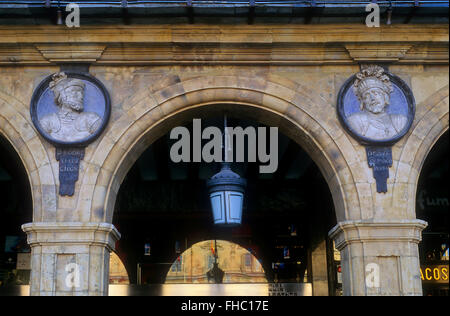 Plaza Mayor,(Main Square), Detail des Medaillons, Salamanca, Spanien Stockfoto