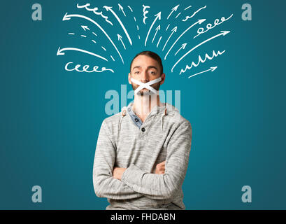 Junger Mann mit verklebten Mund Stockfoto