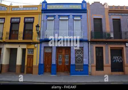 Charakteristische architektonische Merkmale in El Cabanyal-El Canyamelar Bezirk, Valencia, Spanien Stockfoto