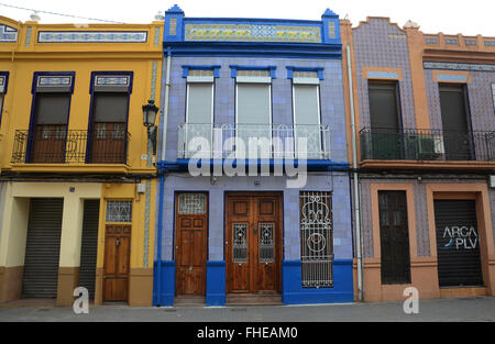 Charakteristische architektonische Merkmale in El Cabanyal-El Canyamelar Bezirk, Valencia, Spanien Stockfoto