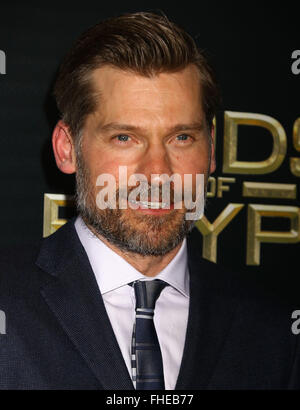 New York, USA. 24. Februar 2016. Schauspieler NIKOLAJ COSTER-WALDAU besucht die New Yorker Premiere von "Götter von Ägypten" im AMC Loews Lincoln 13 statt. Bildnachweis: Nancy Kaszerman/ZUMA Draht/Alamy Live-Nachrichten Stockfoto