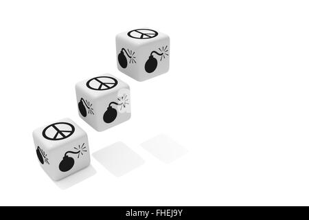 Krieg oder Frieden: weiße Würfel auf weißem Hintergrund Stockfoto