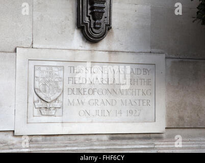 Wand-Plakette, Freemasons Hall, Great Queen Street, London. Gegründet im Jahre 1717 und die älteste Grand Lodge der Freimaurer in der Welt. Stockfoto