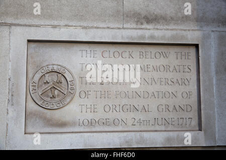 Wand-Plakette, Freemasons Hall, Great Queen Street, London. Gegründet im Jahre 1717 und die älteste Grand Lodge der Freimaurer in der Welt. Stockfoto