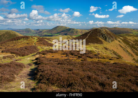 Die Shropshire Hügel gesehen vom Long Mynd, Kirche Stretton, Shropshire, England, UK. Stockfoto