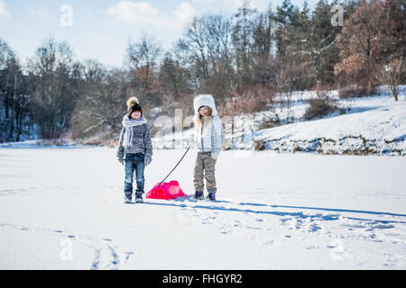 Bruder und Schwester spielt mit Schlitten Stockfoto