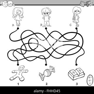 Schwarz / Weiß Cartoon Illustration der Bildungswege oder Labyrinth-Puzzle-Spiel für Kinder im Vorschulalter mit Kindern und Süßigkeiten Färbung Stock Vektor
