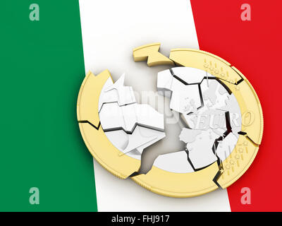 3D gebrochen-Euro-Münze auf italienische Flagge Stockfoto