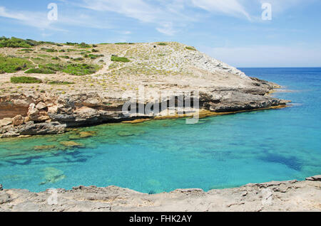 Mallorca, Balearen: Das Mittelmeer und die Macchia in Cala Estreta, einem abgelegenen Strand im Norden der Insel Stockfoto