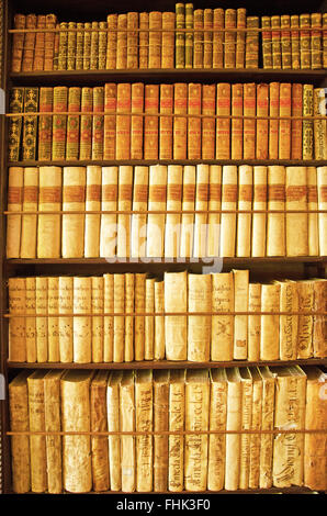 Mallorca, Mallorca, Balearen, Spanien, Europa: alte Bücher in der Bibliothek des Königlichen Karthäuserkloster in Valldemossa Stockfoto