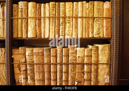 Mallorca, Mallorca, Balearen, Spanien, Europa: alte Bücher in der Bibliothek des Königlichen Karthäuserkloster in Valldemossa Stockfoto