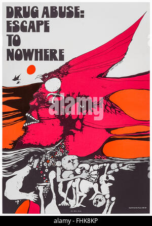 "Drogenmissbrauch: Escape to Nowhere" US Anti-Drogen Kampagne Plakat 1970 entworfen von Michael David Brown. Stockfoto
