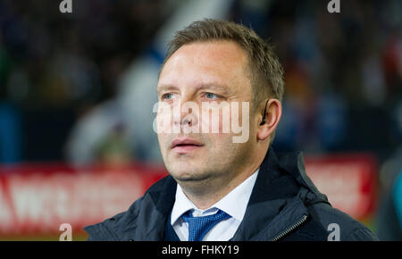 Gelsenkirchen, Deutschland. 25. Februar 2016. Schalke Trainer Andre Breitenreiter bei der Fußball-Europa League Runde der 32 Rückspiel-match zwischen FC Schalke 04 und der FC Shakhtar Donetsk in der Veltins Arena in Gelsenkirchen, Deutschland, 25. Februar 2016. Foto: GUIDO KIRCHNER/Dpa/Alamy Live News Stockfoto