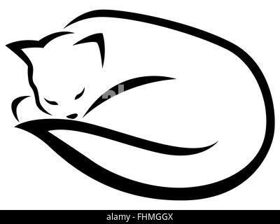 Stilisierte liegen und schlafen schwarze Katze isoliert auf weißem Hintergrund, Cartoon-Vektor-illustration Stock Vektor