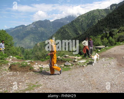 Indische Frau und Hund Fuß unterwegs zum Triund, drei Männer und Fuß Hügeln des Himalaya-Gebirges im Hintergrund Stockfoto