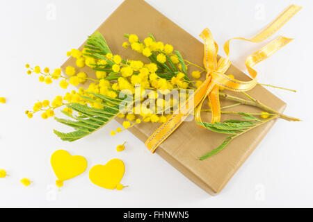 Bouquet von Mimose und verpackte Geschenk Stockfoto