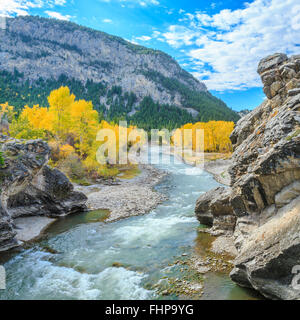 Herbstfarben entlang des Sonnenflusses in einer Schlucht unterhalb des gibson Reservoirs bei augusta, montana Stockfoto