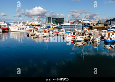 Reykjavik Hafen und viele kleine Fischerboote geparkt in der Marina vor Harpa Konzertsaal in Island. Stockfoto