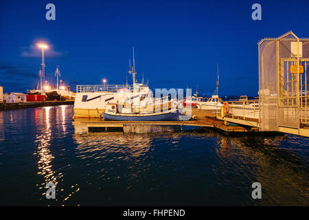 Fischtrawler in der Nacht im Hafen von Reykjavik Stockfoto