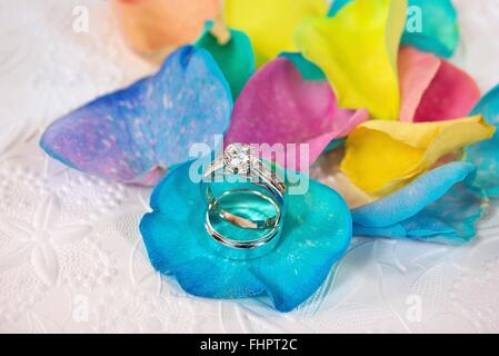 Trauringe auf Regenbogen rose Petal. Stockfoto