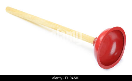 Badezimmer-Kolben mit rotem Kautschuk Cup und Holzgriff isoliert auf weißem Hintergrund Stockfoto