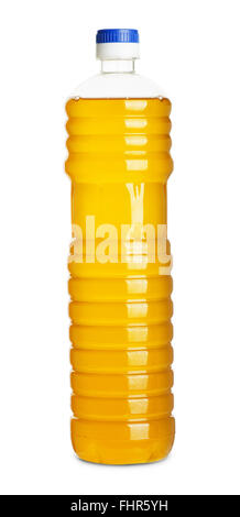 Kunststoff-Flasche Sonnenblumenöl isoliert auf einem weißen Hintergrund. Stockfoto