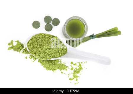 Chlorella, Spirulina und Weizen Grass. Stockfoto