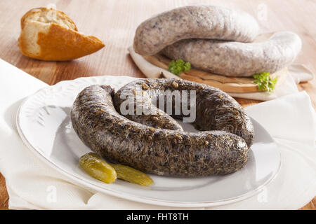 Blutwurst und Reis Wurst. Stockfoto