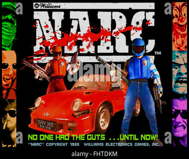 "Narc" Arcade-Spiel Titelbildschirm, produziert von Williams im Jahr 1988 eine heftige Darstellung des Krieges gegen die Drogen "Sagen Nein zu Drogen" Slogan auf dem Arcade-Maschine Festzelt und das FBI "Gewinner nicht Drogen" Splash-Screen mit. Stockfoto