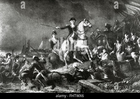 Amerikanischer Unabhängigkeitskrieg (1775-1783). Die Schlacht von Long Island oder Schlacht von Brooklyn (27. August 1776). Abzug der kontinentalen Armee von George Washington. Gravur. Stockfoto