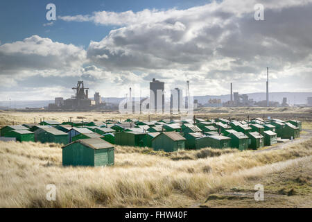 Fischers Verband Hütten in den Sanddünen im Süden Gare, Redcar und Cleveland, Februar 2016. Stockfoto