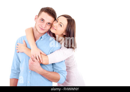 Schöne junge Paar ein Mann und eine Frau. Sie sind Hand in Hand, bonding, umarmt und Blick in die Kamera. Stockfoto