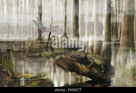 Prähistorischer Wald Sumpflandschaft mit Hylonomus, Eryops und Arthropoden, Vorderansicht. Stockfoto