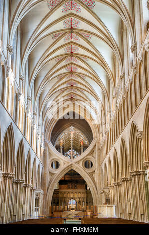 Wells Cathedral Kirchenschiff. Gewölbte Decke / St Andrews Kreuz Bögen / Scissor Arch und Jesus Christus am Kreuz gekreuzigt. Somerset, England. Stockfoto