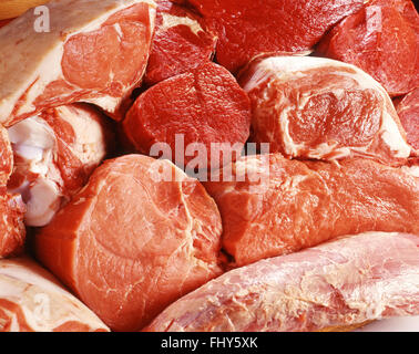 Nahaufnahme von verschiedenen Teilstücken von rohem Frischfleisch für die Anzeige in der Metzger-Industrie Stockfoto