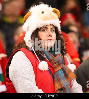 Fürstentum Stadium, Cardiff, Wales. 26. Februar 2016. RBS Six Nations Championships. Wales gegen Frankreich. Ein Welsh-Fan vor dem Spiel Credit: Action Plus Sport/Alamy Live News Stockfoto